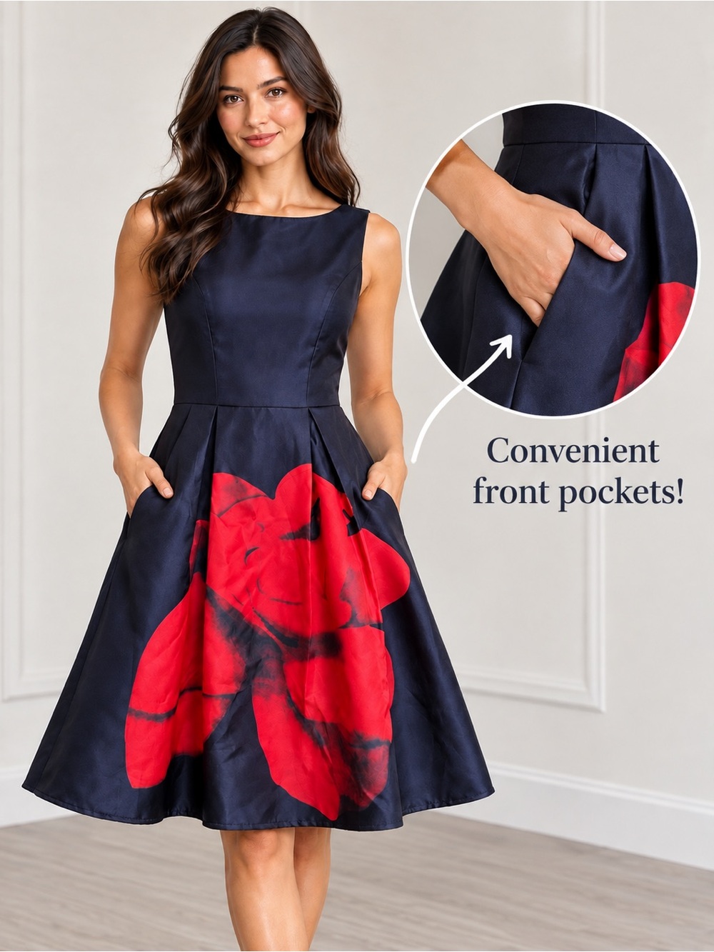Huang Jin Wu Navy Red Floral Fit & Flare Midi Dress Size S Sleeveless w Pockets